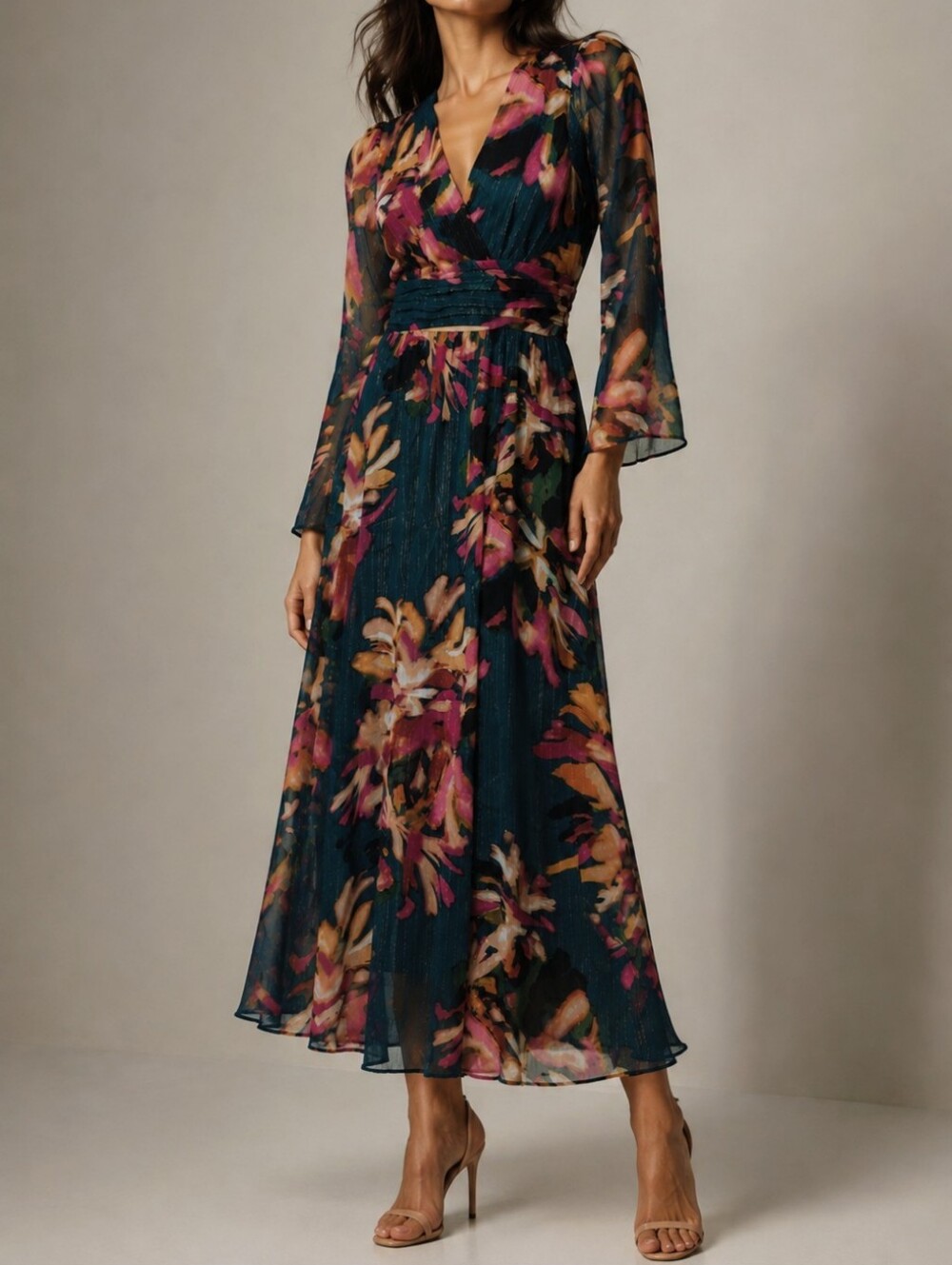 Maggy London Green Floral Metallic Pink Maxi Dress Xs 2